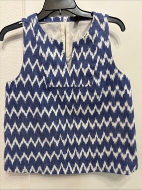 J. Crew Cotton Notched Ikat Navy White Zigzag Sleeveless Top